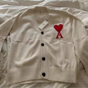 Ami Alexandre Mattiussi Cream Cardigan with Red Heart